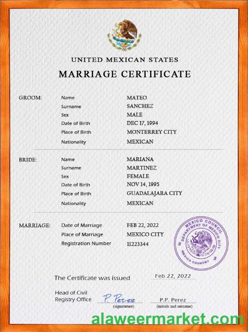 Mexico marriage certificate PSD template, fully editable